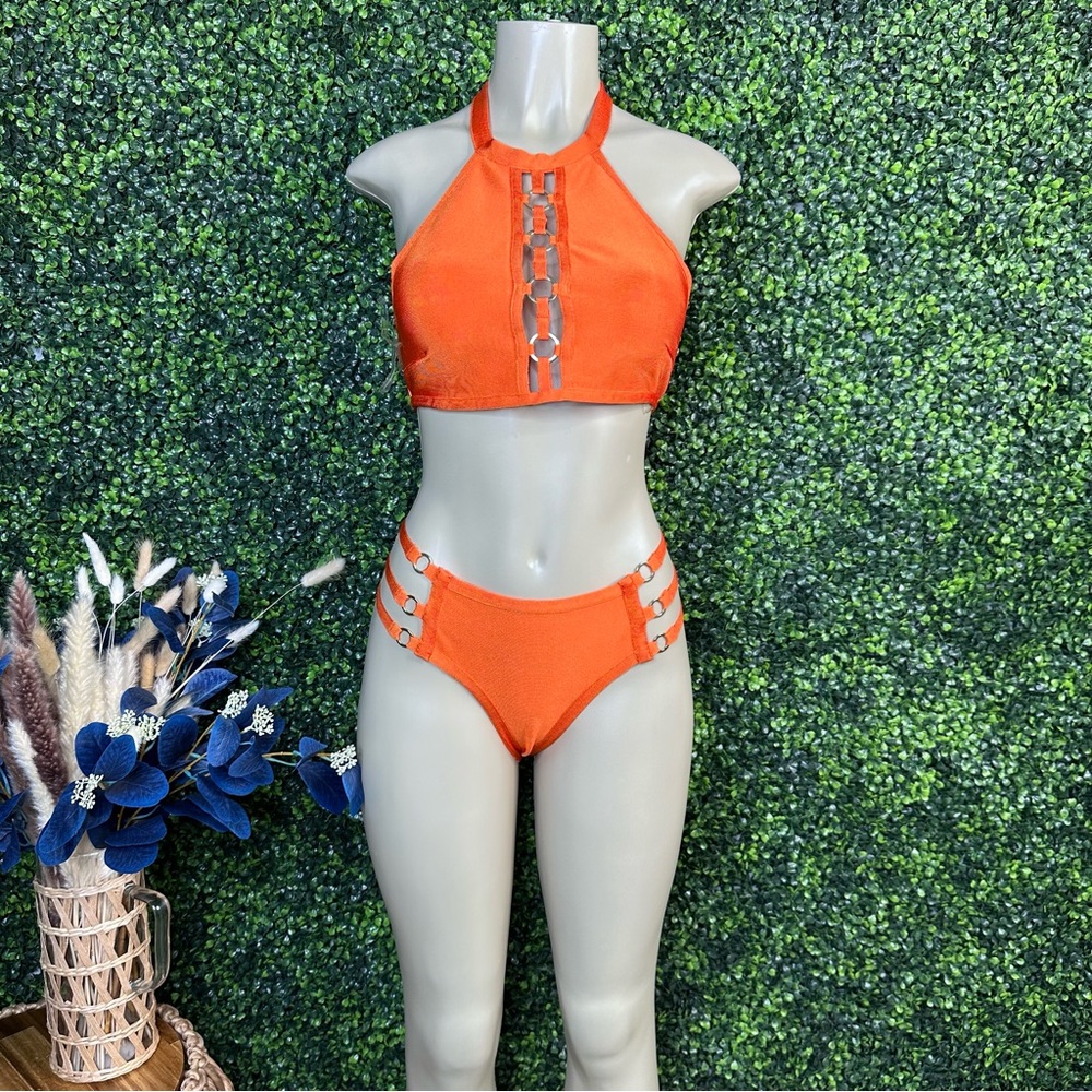 Nwt  Orange Bikini Set‎ High-Neck Halter bandage material